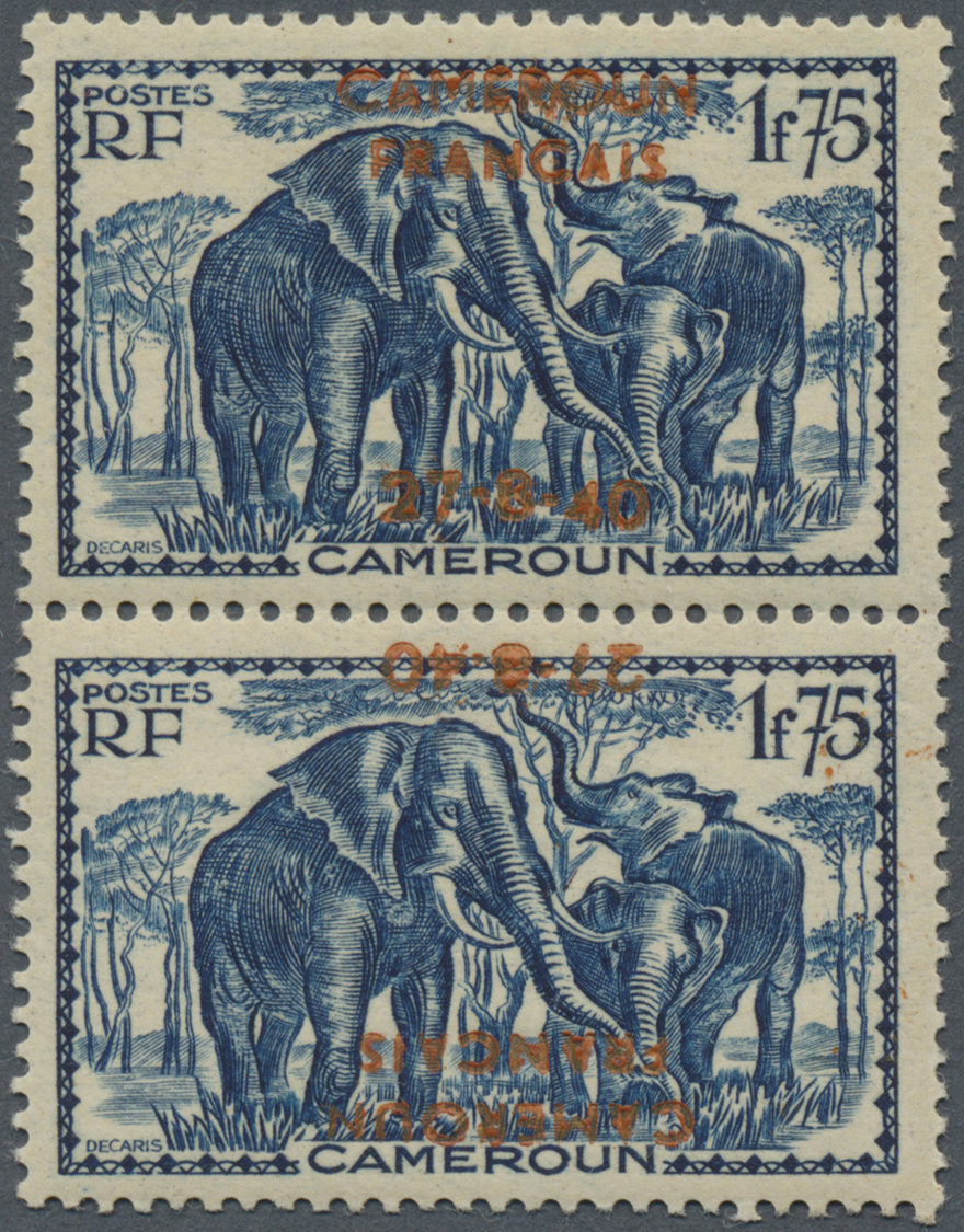 ** Kamerun: 1940, 1.75 Fr. Elefant, Triage Déssai, Paire Verticale Surcharge Rouge Orange Tête-bêche, Gomme Coloniale. 1 - Cameroon (1960-...)