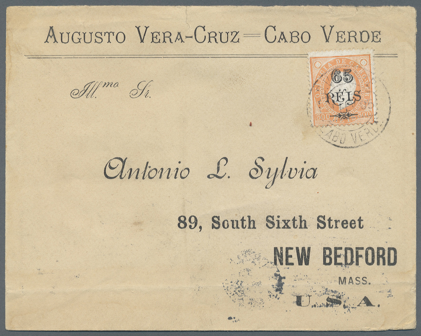 Br Kap Verde: 1903. Envelope (some Faults) Addressed To The United States Bearing Yvert 54, 65r On 300 Orange Tied By S. - Cape Verde