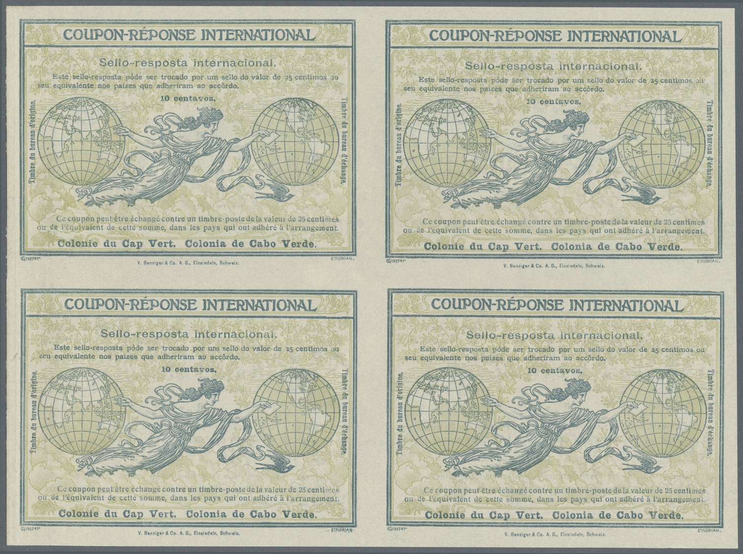 GA Kap Verde: Design "Rome" 1906 International Reply Coupon As Block Of Four 10 C. Cabo Verde. This Block Of Internation - Cape Verde