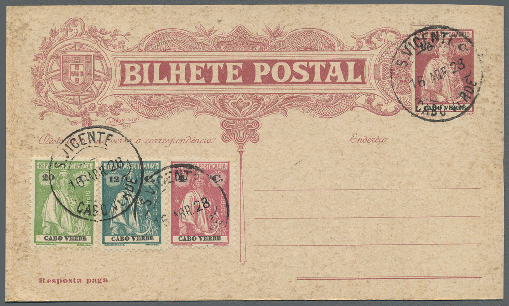 GA Kap Verde: 1928. Postal Stationery 'Bilhete Postal' Double Reply Card 60c Red/brown Upgraded With Yvert 152, 20c Yell - Cape Verde