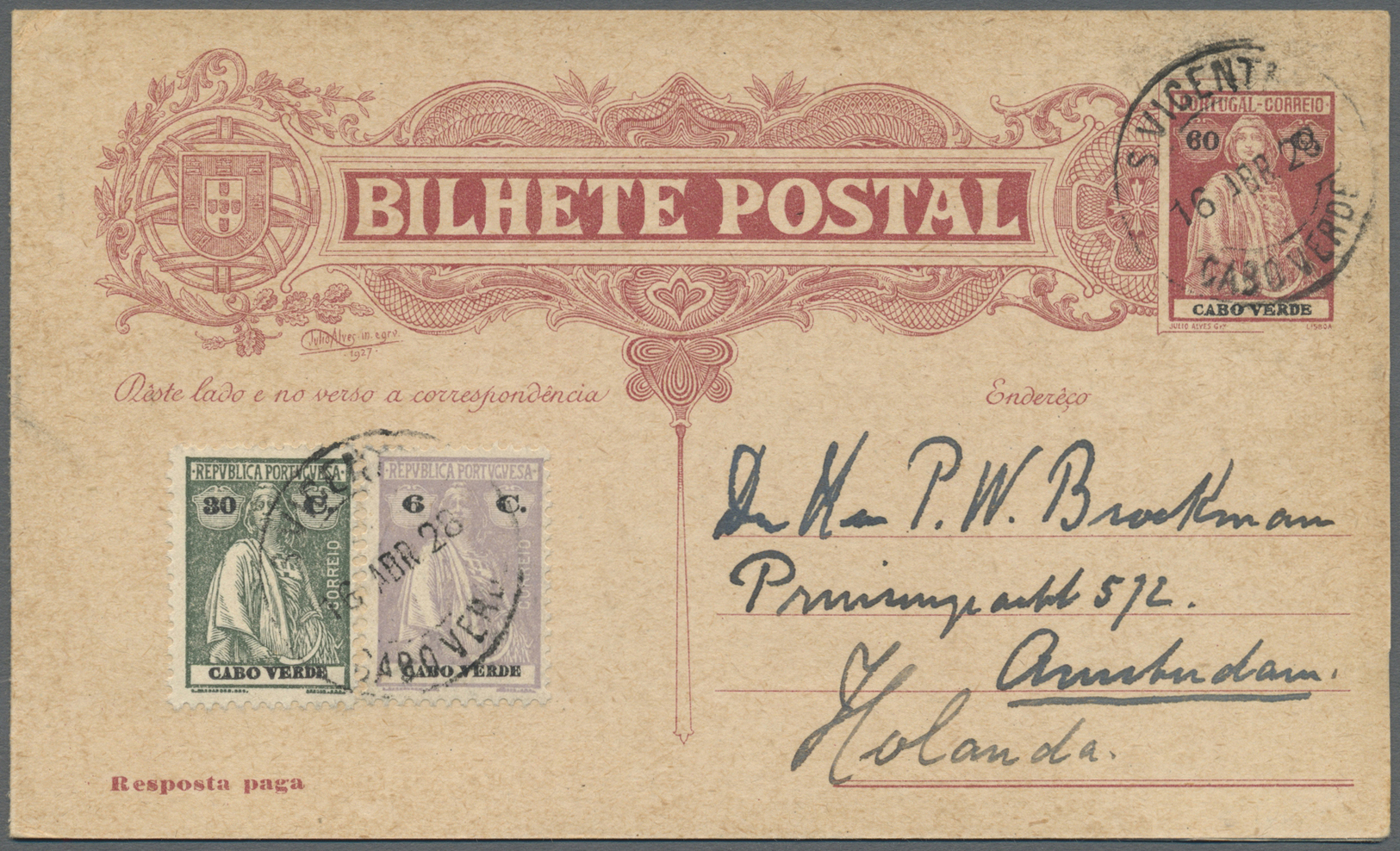 GA Kap Verde: 1928. Postal Stationery 'Bilhete Postal' Double Reply Card 60c Red/brown Upgraded With Yvert 184, 6c Mauve - Cape Verde