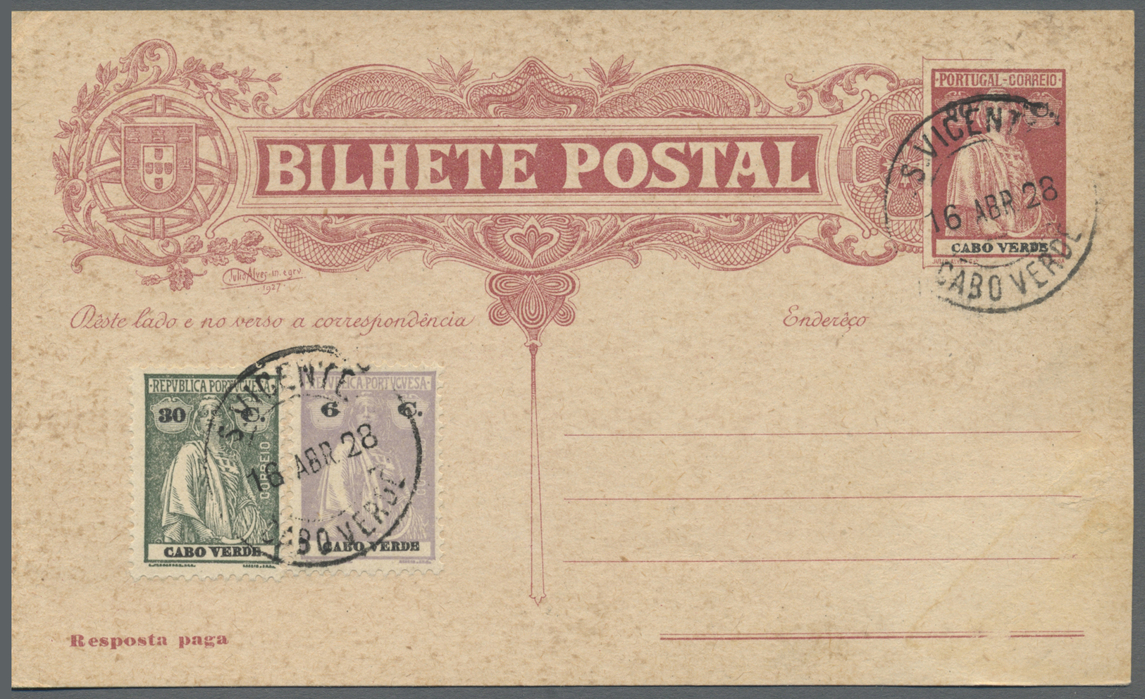 GA Kap Verde: 1928. Postal Stationery 'Bilhete Postal' Double Reply Card 60c Red/brown Upgraded With Yvert 184, 6c Mauve - Cape Verde