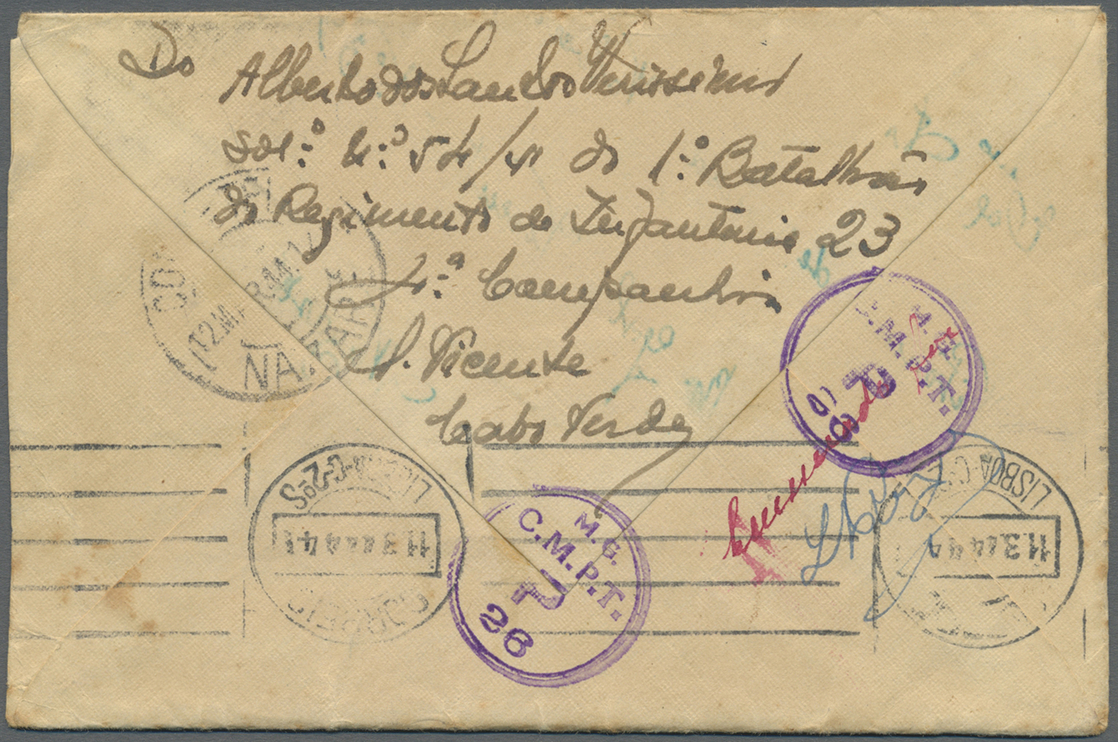 Br Kap Verde: 1944. Unstamped Envelope Written From Mindelo St. Vincente To Nazare Cancelled By 'Expedicao Militar A Cab - Cape Verde