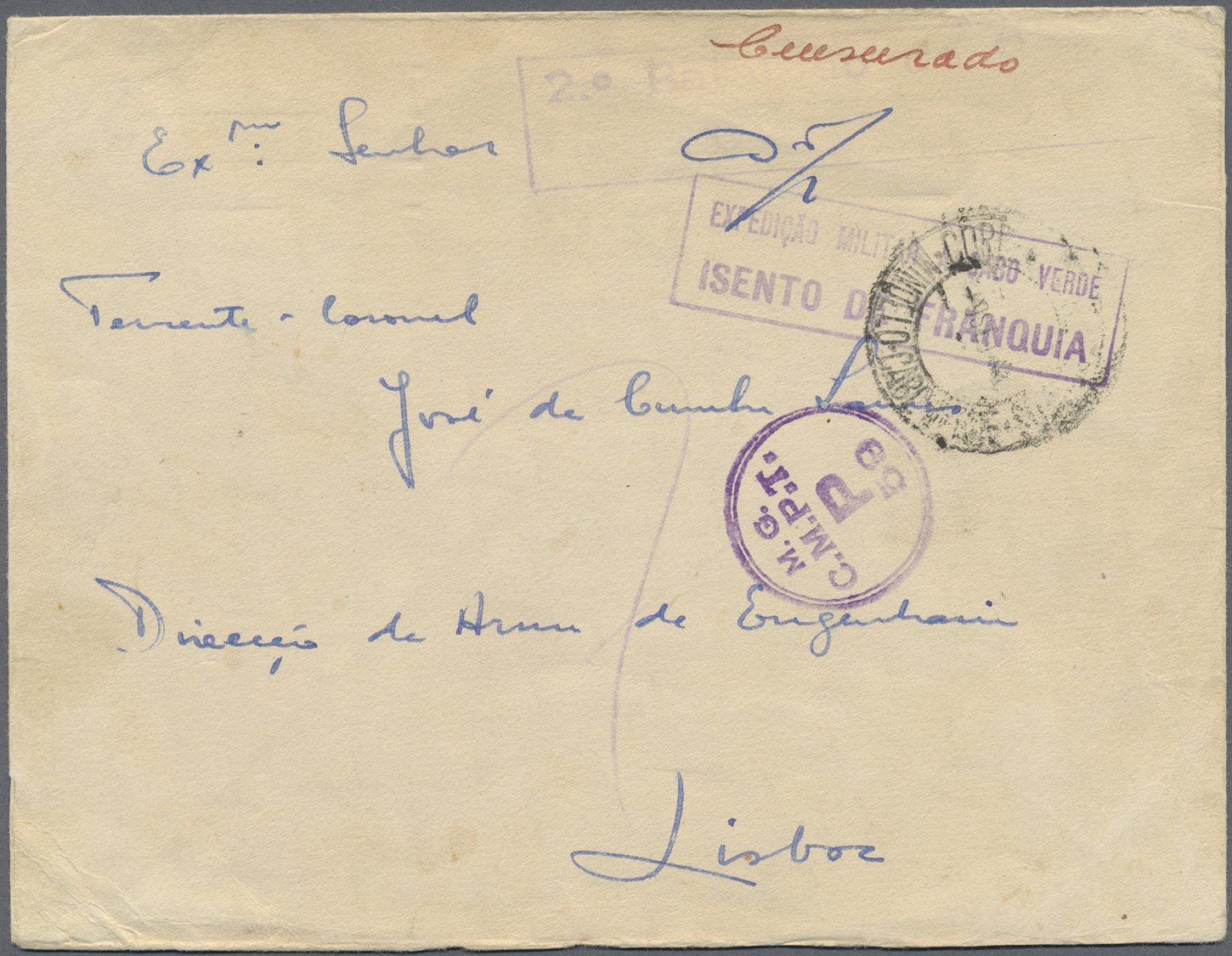 Br Kap Verde: 1944. Unstamped Envelope Written From Mindelo St. Vincente To Lisbon Cancelled By '2nd Battalion De Regime - Cape Verde