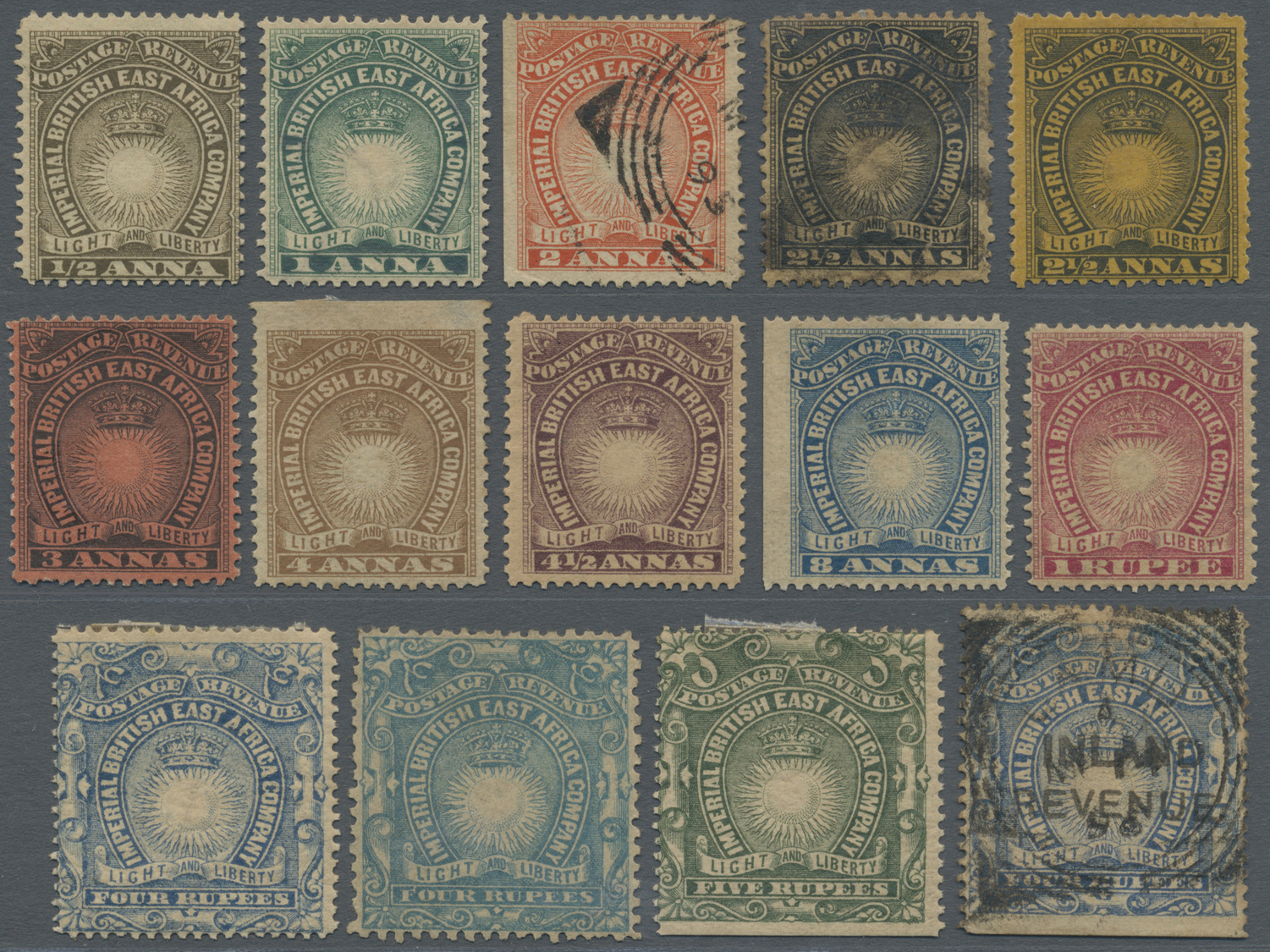 O/* Kenia - Britisch Ostafrika Kompanie: 1890 'Sun' Set Of 13 Stamps, From ½a. To 5r., The 2a. And One Of The 2½a. (blac - British East Africa