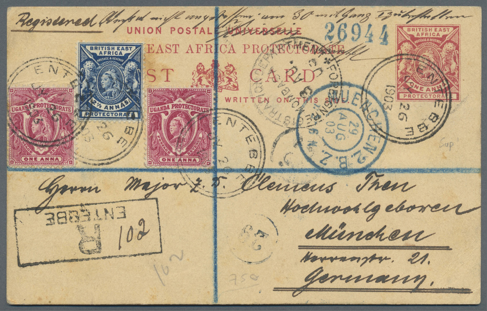 GA Kenia - Britisch Ostafrika Kompanie: 1903. British East Africa Registered Postal Stationery Card 1a Red Upgraded With - British East Africa