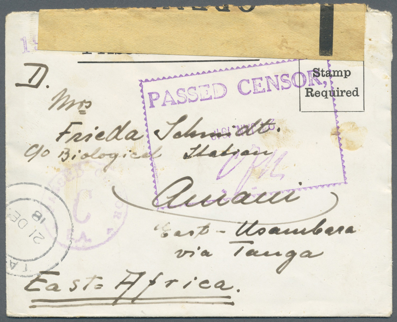 Br Kenia - Britisch Ostafrika Kompanie: 1918. Stampless Envelope Headed 'Prisoner Of War' Written From Ahmednagar Camp W - British East Africa
