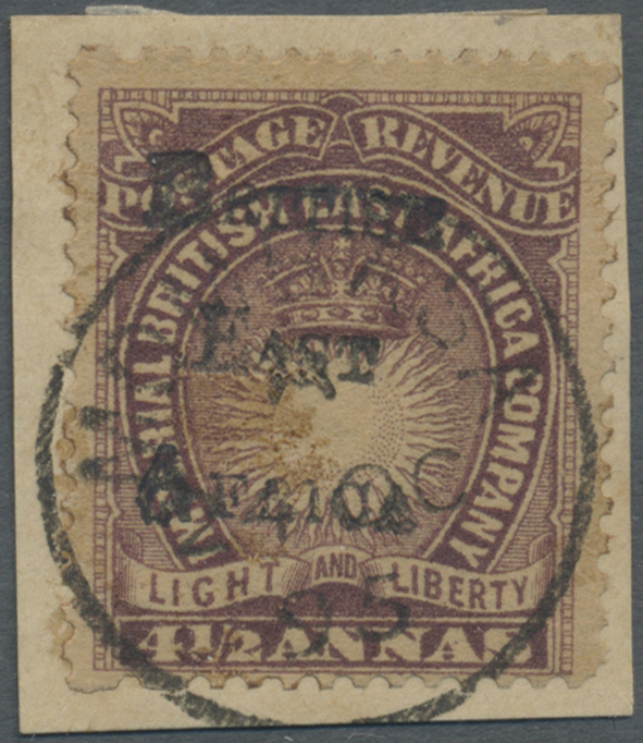 Brrst Kenia - Britisch Ostafrika: 1895 'British East Africa' Optd. 4½a. Brown-purple, Used On Piece, Tied By Mombasa 189 - British East Africa
