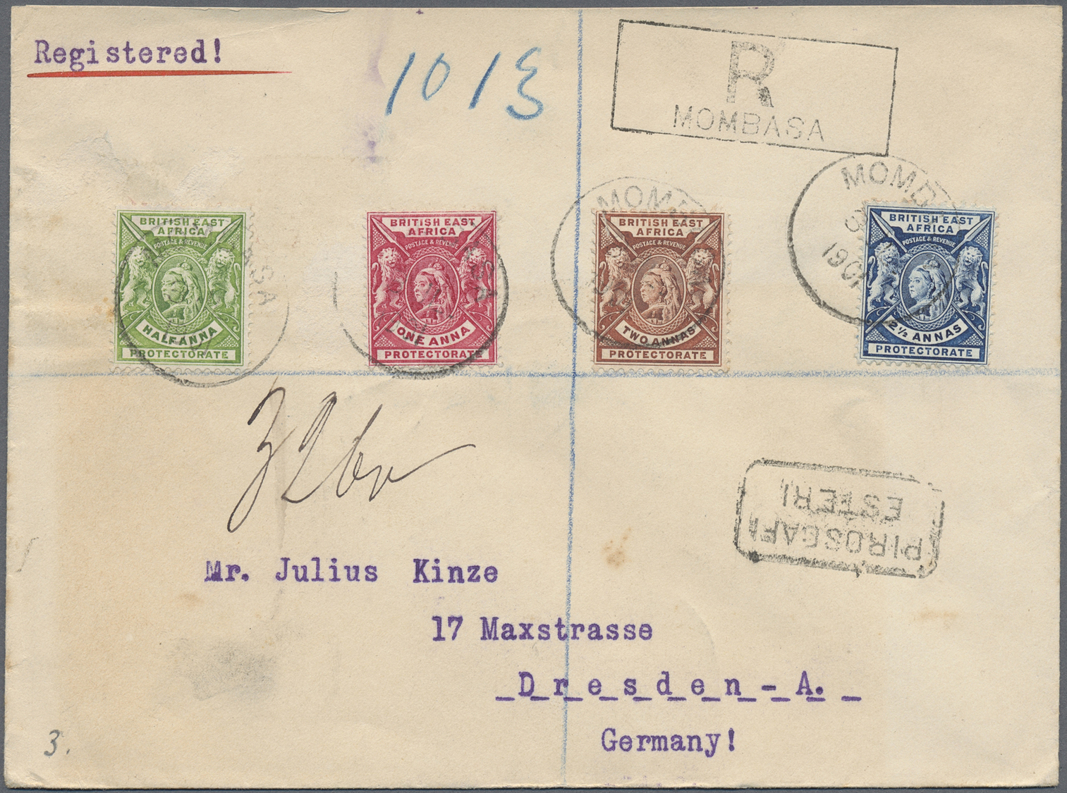 Br Kenia - Britisch Ostafrika: 1901, Registered Letter With Four Colur Franking From MOMBASA To Germany. - British East Africa