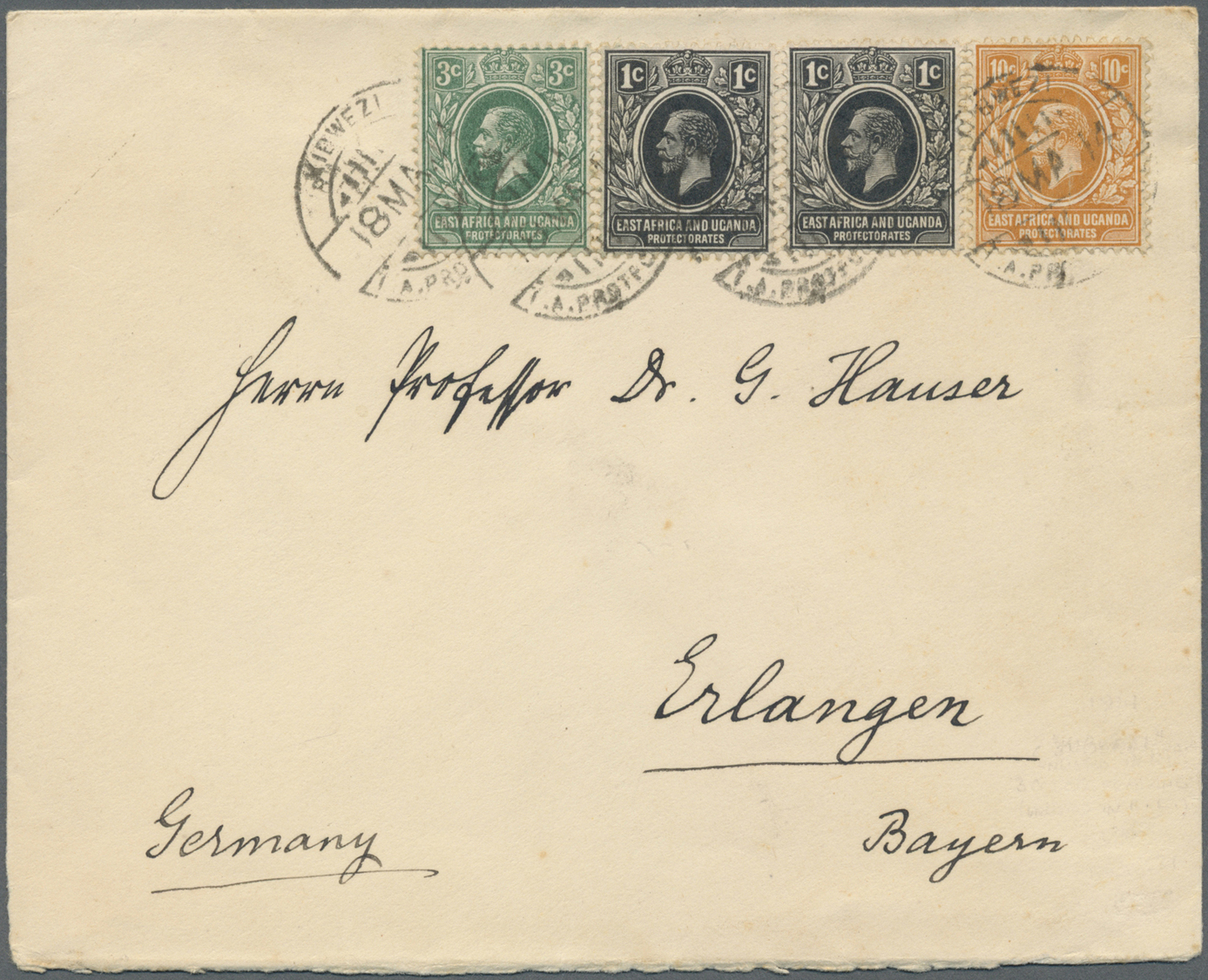 Br Kenia - Britisch Ostafrika: 1914. Envelope Addressed To Germany Bearing East Africa And Uganda SG 44, 1c Black (2), S - Afrique Orientale Britannique