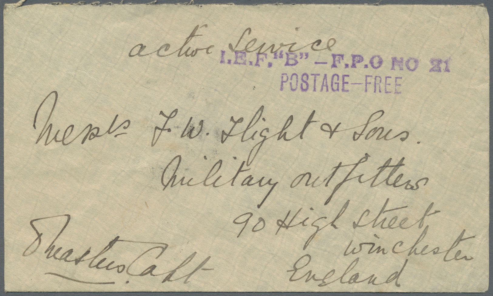 Br Kenia - Britisch Ostafrika: 1915. Stampless Envelope Addressed To England Endorsed 'On Active Service' Cancelled By ' - British East Africa