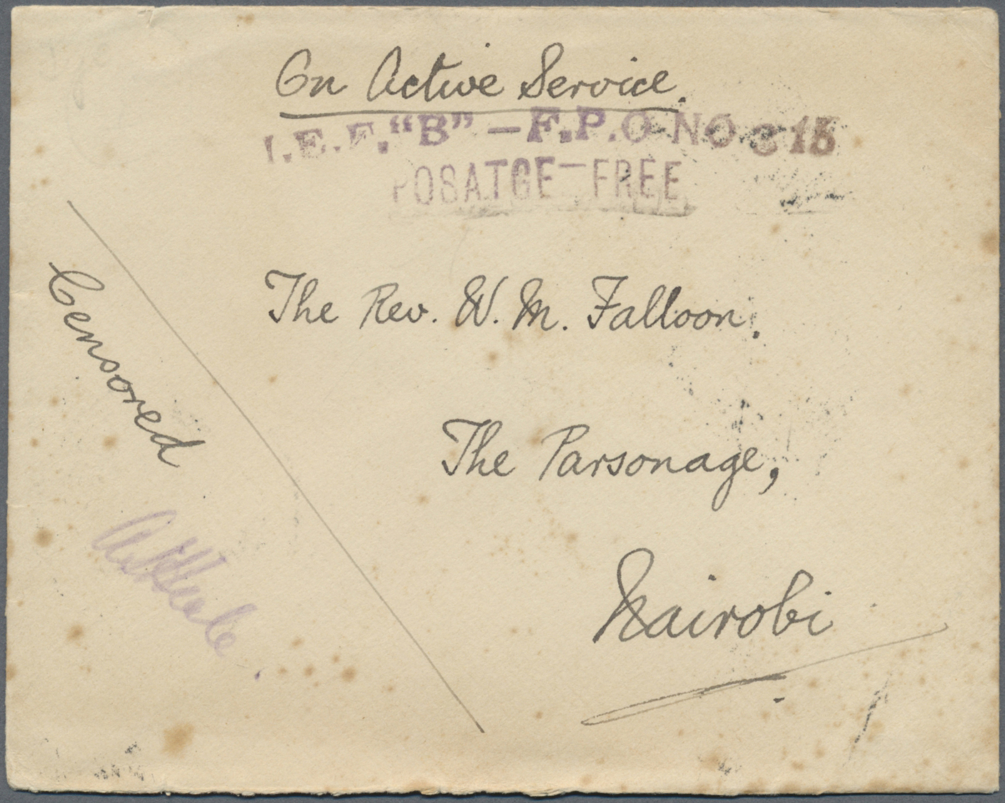 Br Kenia - Britisch Ostafrika: 1915. Stampless Envelope (small Stains) Addressed To Nairobi Endorsed 'On Active Service' - British East Africa