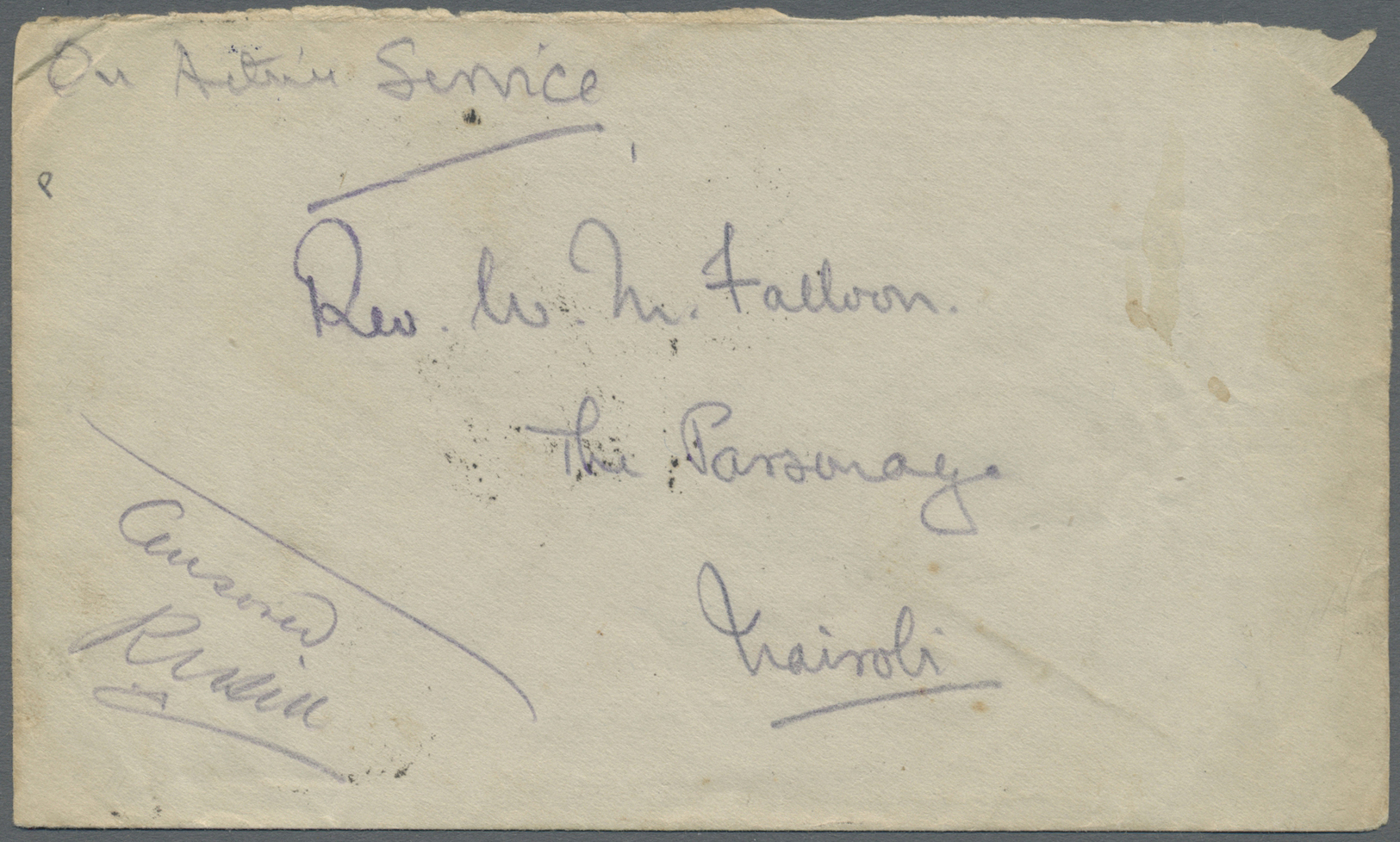 Br Kenia - Britisch Ostafrika: 1916. Stampless Envelope (round Corner) Addressed To Nairobi Endorsed 'On Active Service' - British East Africa