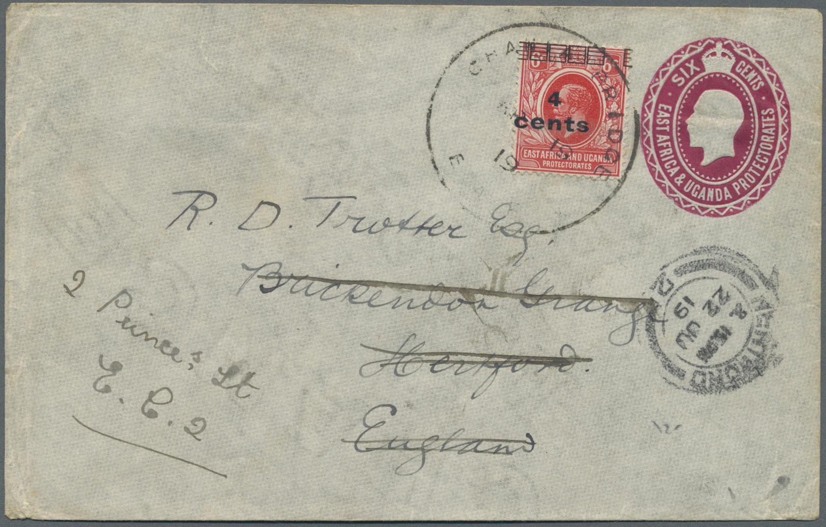 GA Kenia - Britisch Ostafrika: 1919. East Africa And Uganda Postal Stationery Envelope Six Cents Scarlet Upgraded With S - British East Africa