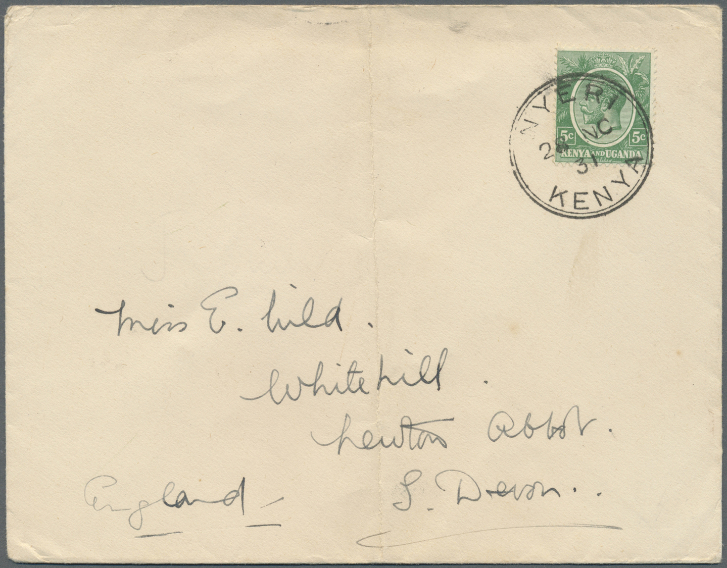 Br Kenia - Britisch Ostafrika: 1931. Envelope (vertical Fold) Addressed To England Bearing SG 78, 5c Green Tied By Nyeri - British East Africa