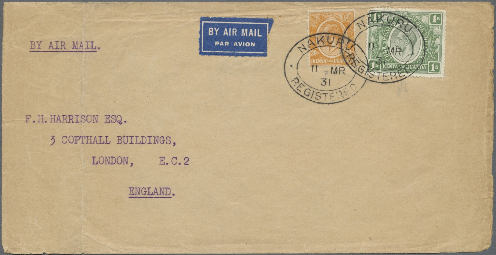 Br Kenia - Britisch Ostafrika: 1931. Registered Air Mail Envelope Addressed To London Bearing Kenya And Uganda SG 83, 20 - Africa Orientale Britannica