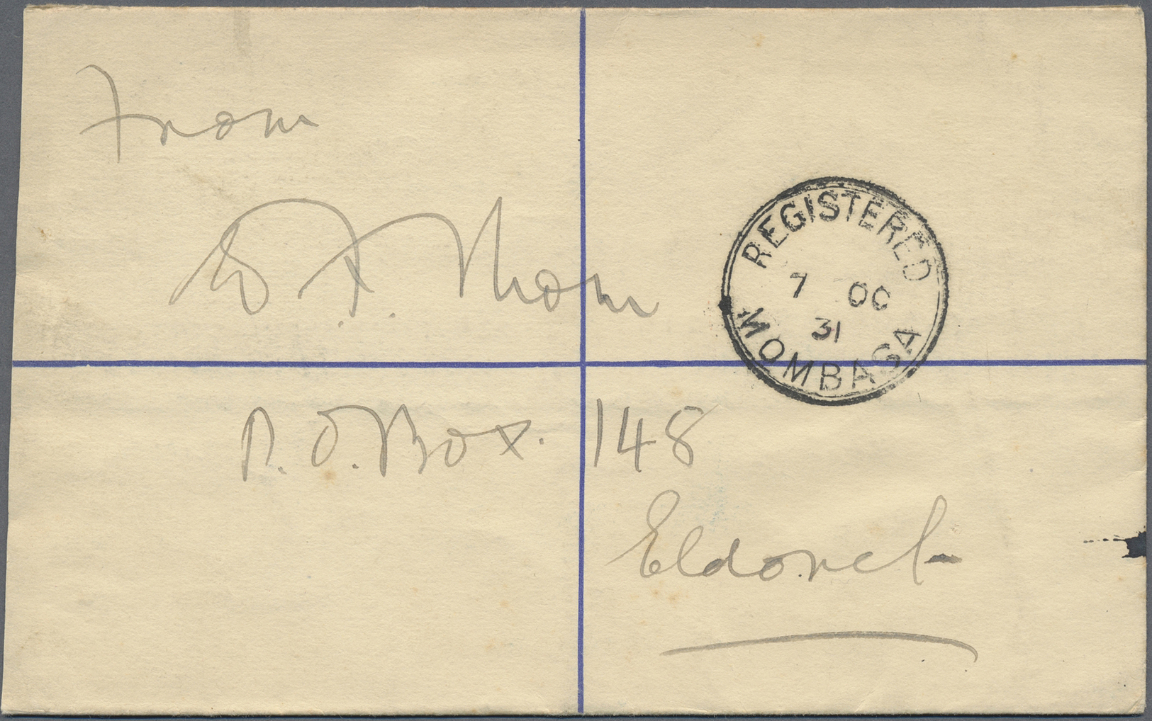 Br Kenia - Britisch Ostafrika: 1931. Registered Postal Stationery Envelope 50c Blue Cancelled By Eldoret/Kenya Date Stam - British East Africa