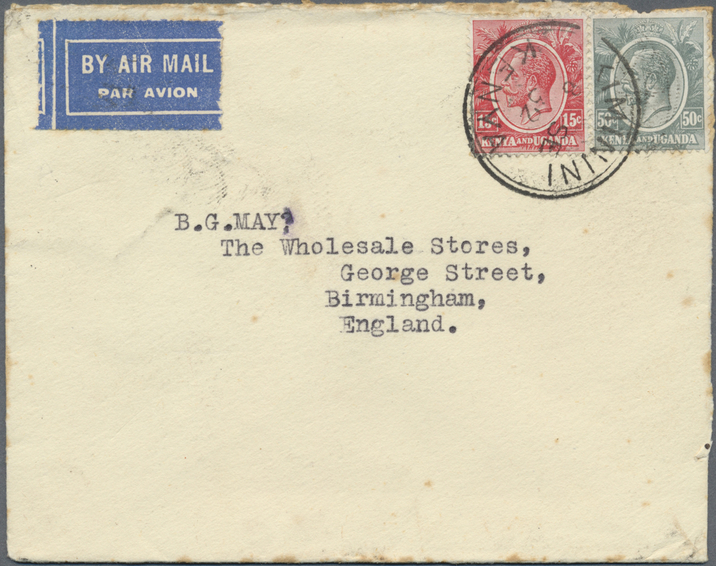 Br Kenia - Britisch Ostafrika: 1932. Air Mail Envelope Addressed To England Bearing SG 82, 15c Carmine And SG 85, 50c Gr - British East Africa