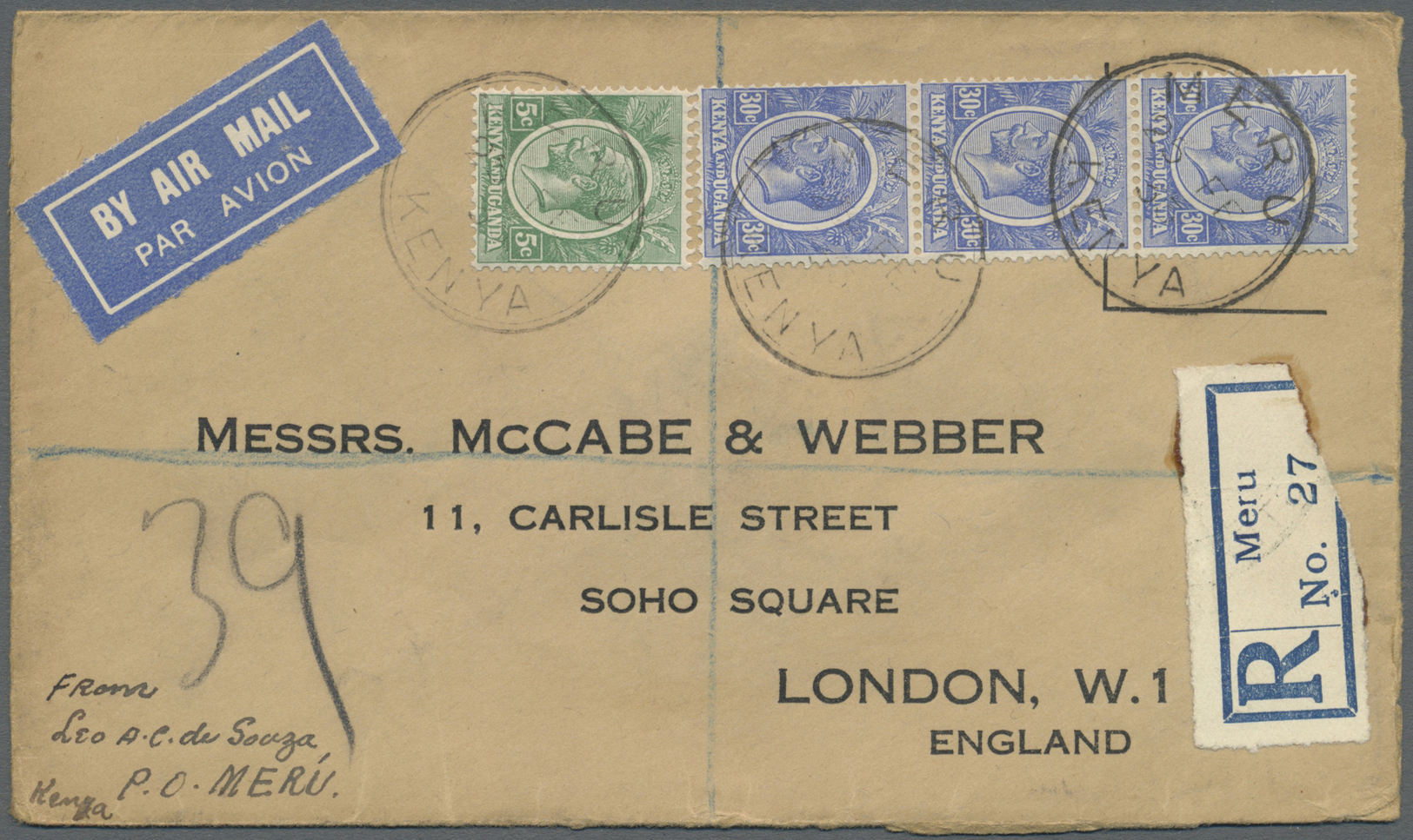 Br Kenia - Britisch Ostafrika: 1933. Registered Air Mail Envelope Addressed To London Bearing SG 78, 5c Green And SG 84, - Afrique Orientale Britannique