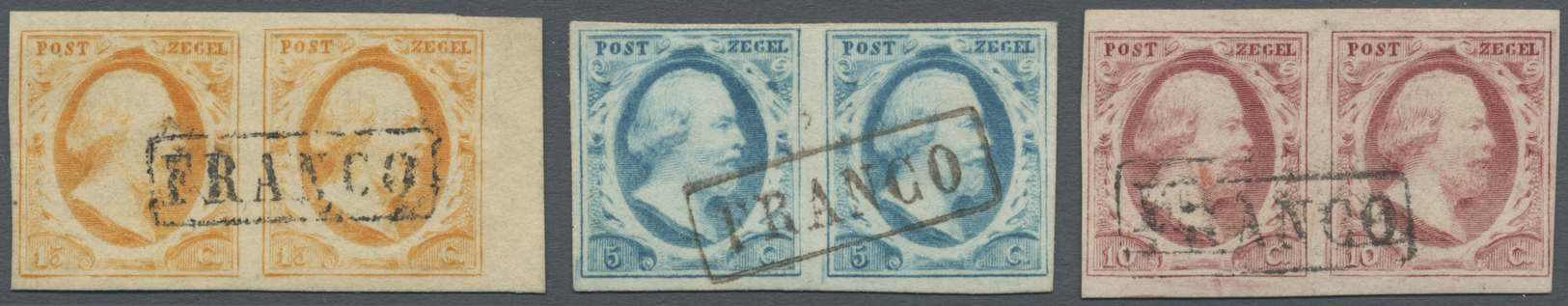 /O/Br Niederlande: 1852: Die Drei Werte Der Ersten Ausgabe Jeweils Im Waagerechten Paar Mit Kastenstempel "FRANCO" S - Lettres & Documents