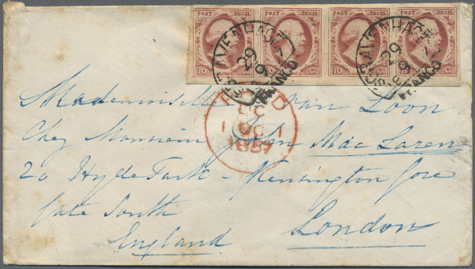 Br Niederlande: 1852, 10 C Rose-carmine, Horizontal Strip Of 4, Good To Wide Margins, Neatly Cancelled With Halfr - Covers & Documents