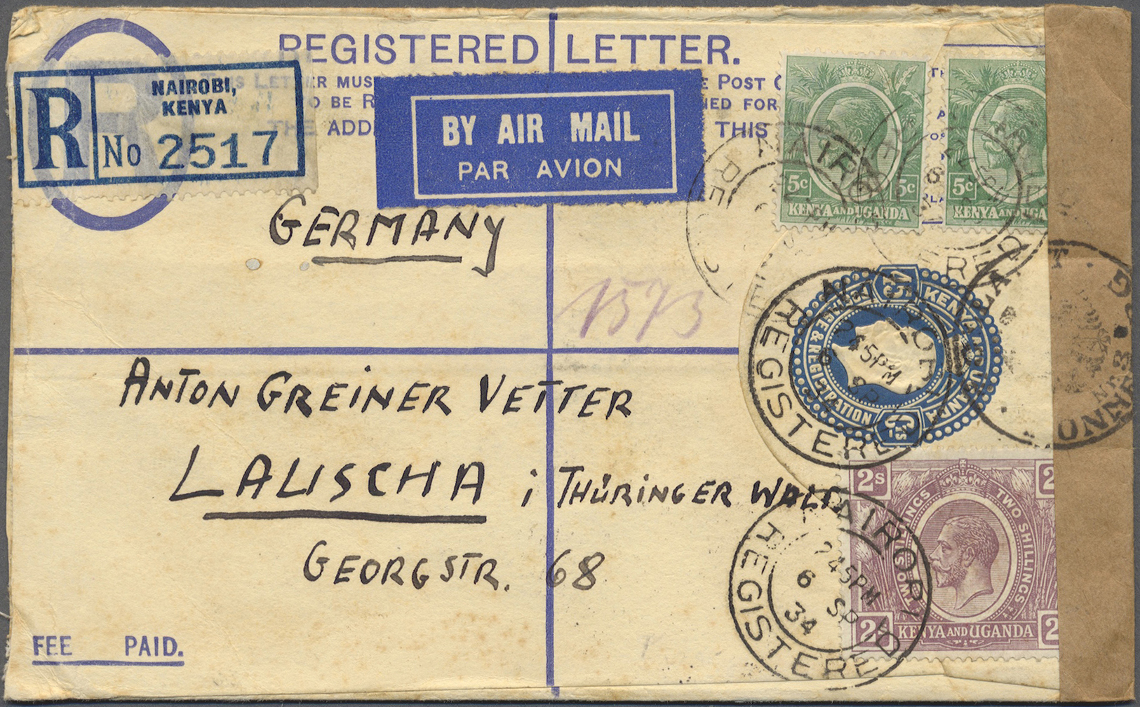 GA Kenia - Britisch Ostafrika: 1934. Registered Air Mail Postal Stationery Envelope 45c Blue Upgraded With SG 78, 5c Gre - British East Africa