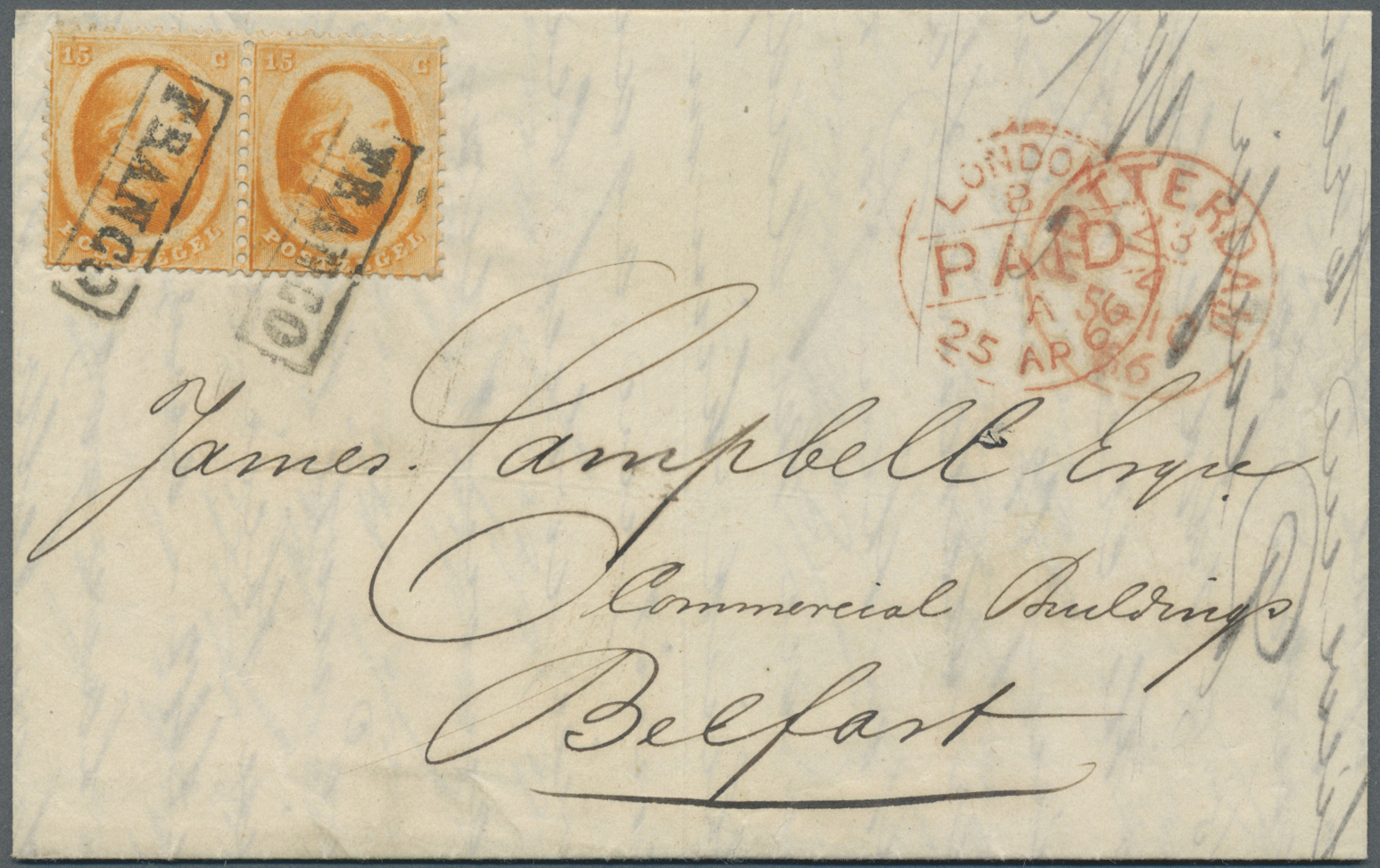 Br Niederlande: 1866, 15 C Im Paar Als Mehrfachfrankatur Auf Komplettem Faltbrief Von Rotterdam Nach IRLAND, Foto - Lettres & Documents