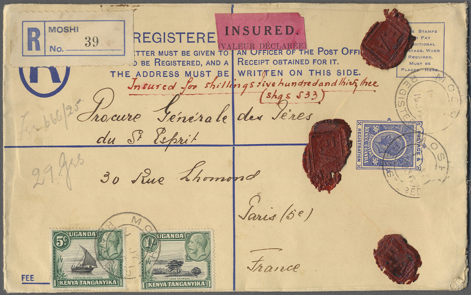 GA Kenia - Britisch Ostafrika: 1936. Registered And Insured Kenya, Uganda Postal Stationery Envelope 50c Blue Upgraded W - British East Africa