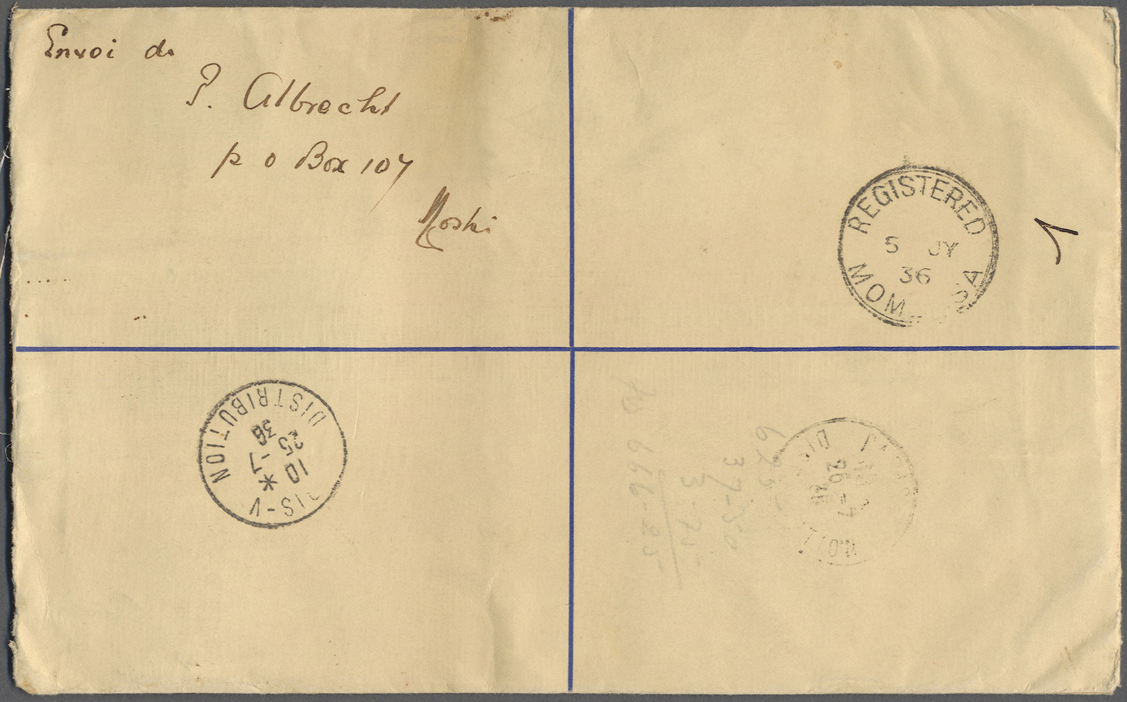 GA Kenia - Britisch Ostafrika: 1936. Registered And Insured Kenya, Uganda Postal Stationery Envelope 50c Blue Upgraded W - British East Africa