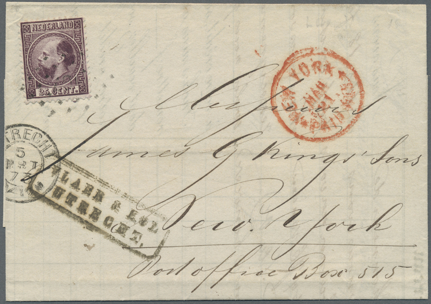 Br Niederlande: 1872, Pre UPU Letter Franked With 25 Cent Wilhelm Sent From UTRECHT To New York, USA. - Lettres & Documents