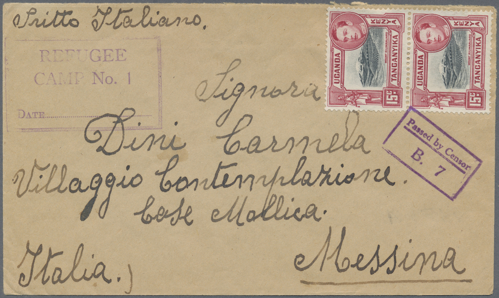 Br Kenia - Britisch Ostafrika: 1942 (ca.). Envelope Written From 'Camp No 1’ (Nyeri) Addressed To Messina, Italy Bearing - British East Africa