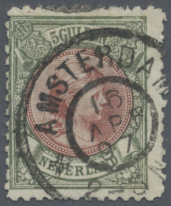 O Niederlande: 1897, 5 Gulden Wilhelmina Gestempelt AMSTERDAM 16 APR 97. Zähnung üblich Etwas Unterschiedlich. - Covers & Documents