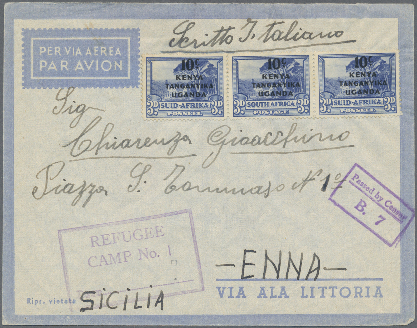 Br Kenia - Britisch Ostafrika: 1942 (ca.). Air Mail Envelope Written From ‘Camp No 1’ (Nyeri) Addressed To Sicily Bearin - British East Africa