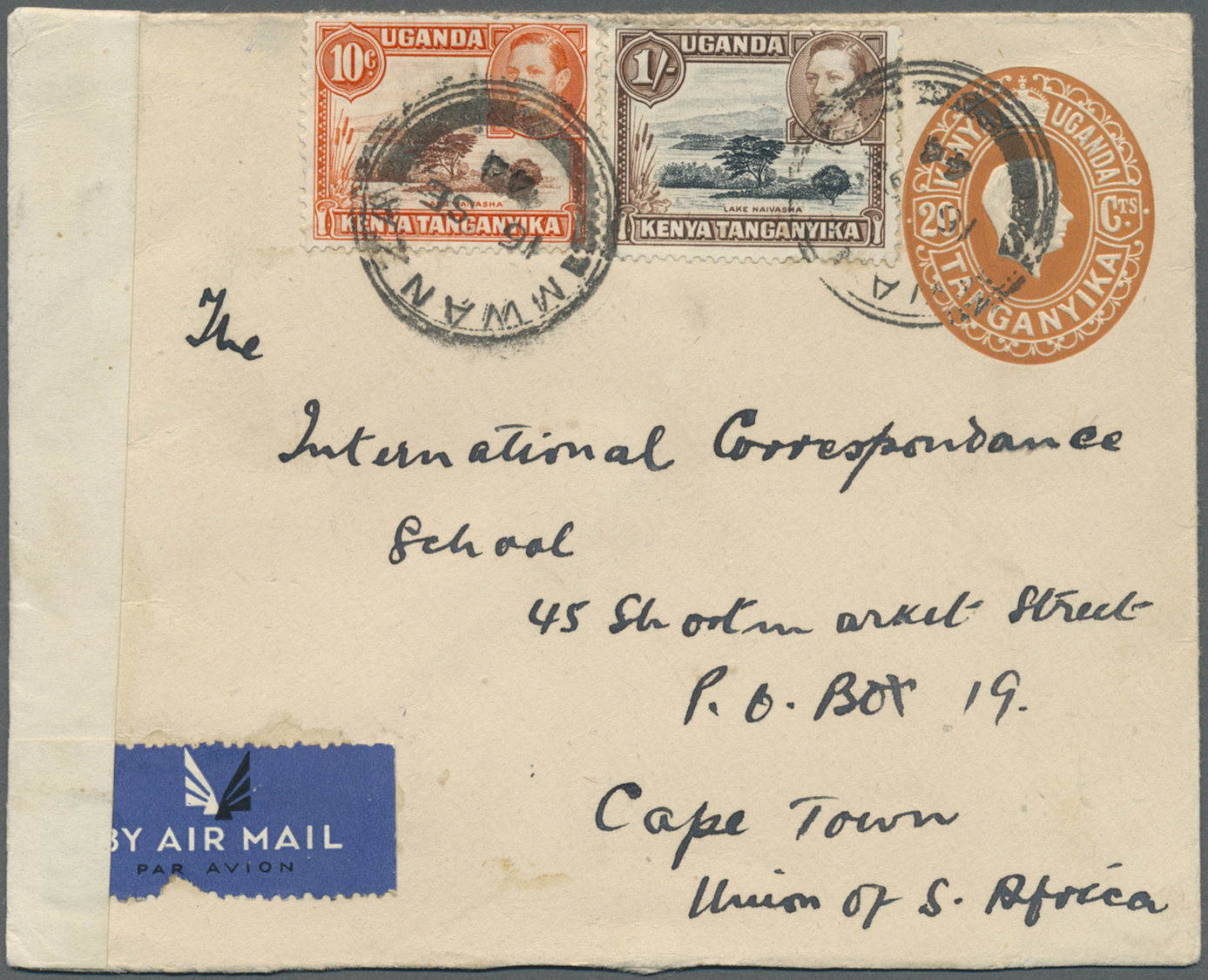 Br Kenia - Britisch Ostafrika: 1942. Air Mail Kenya/Tanganyika Postal Stationery Envelope 20c Orange Upgraded With SG 13 - British East Africa