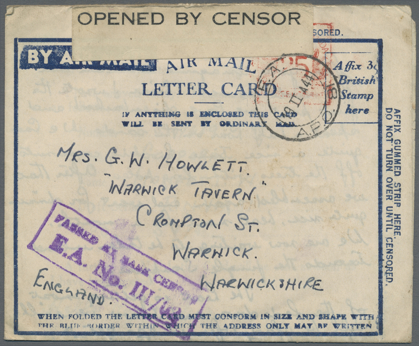 Br Kenia - Britisch Ostafrika: 1944. Air Mail Letter Card Envelope Addressed To England Cancelled By Red 'K.U.T. Meter M - British East Africa