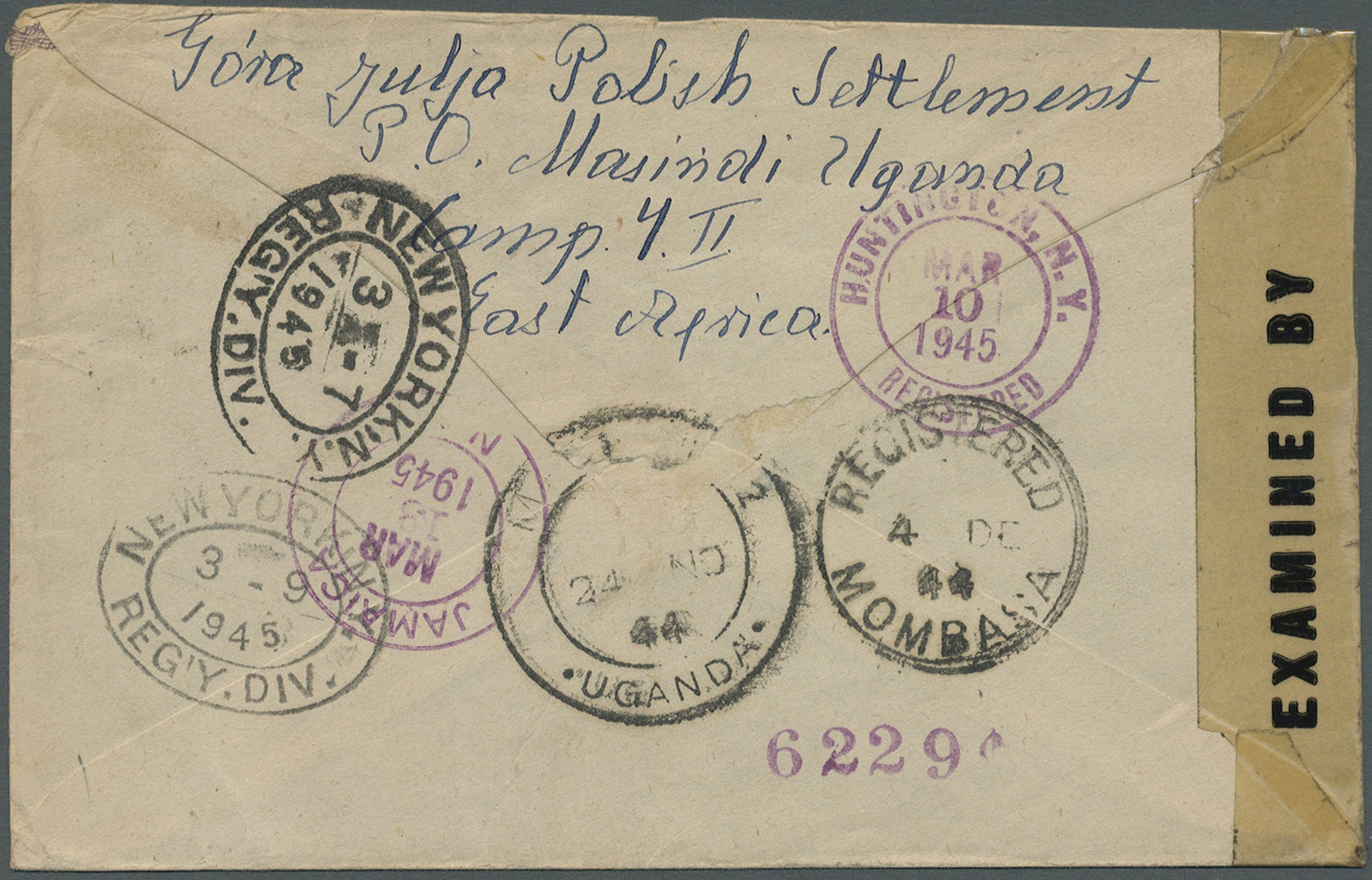 Br Kenia: 1944. Registered Envelope Written From 'Gora Julja Polish Settlement Camp 2, Masindi, Uganda' Addressed To New - Kenya (1963-...)