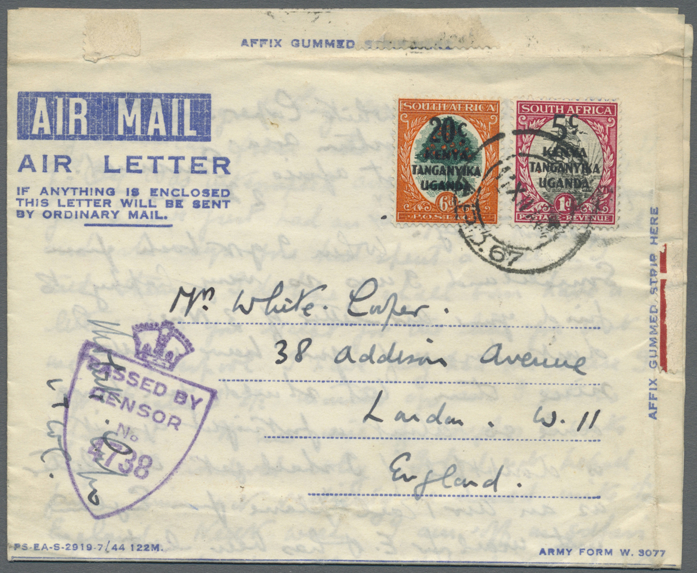 GA Kenia: 1944. Air Mail Letter Card Envelope Addressed To England Bearing Kenya SG 151, 5c On 1d Carmine And SG 153, 20 - Kenya (1963-...)