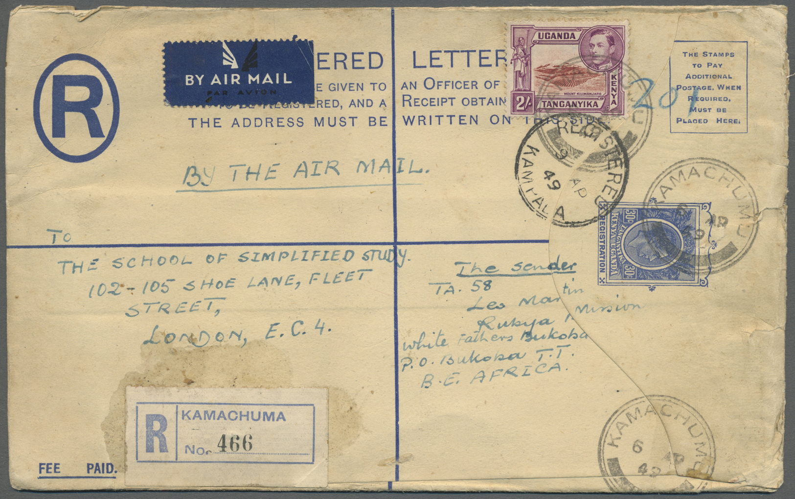 GA Kenia: 1949. Registered Air Mail Kenya/Uganda Postal Stationery Envelope 30c Blue Upgraded With Kenya SG 146, 2s Purp - Kenya (1963-...)