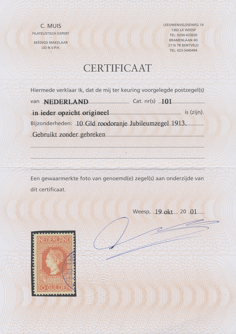 O Niederlande: 1913, 10 Gulden, Kopffrei Gestempelt, Wunderschönes LUXUSSTÜCK, Certifikat C. Muis - Lettres & Documents