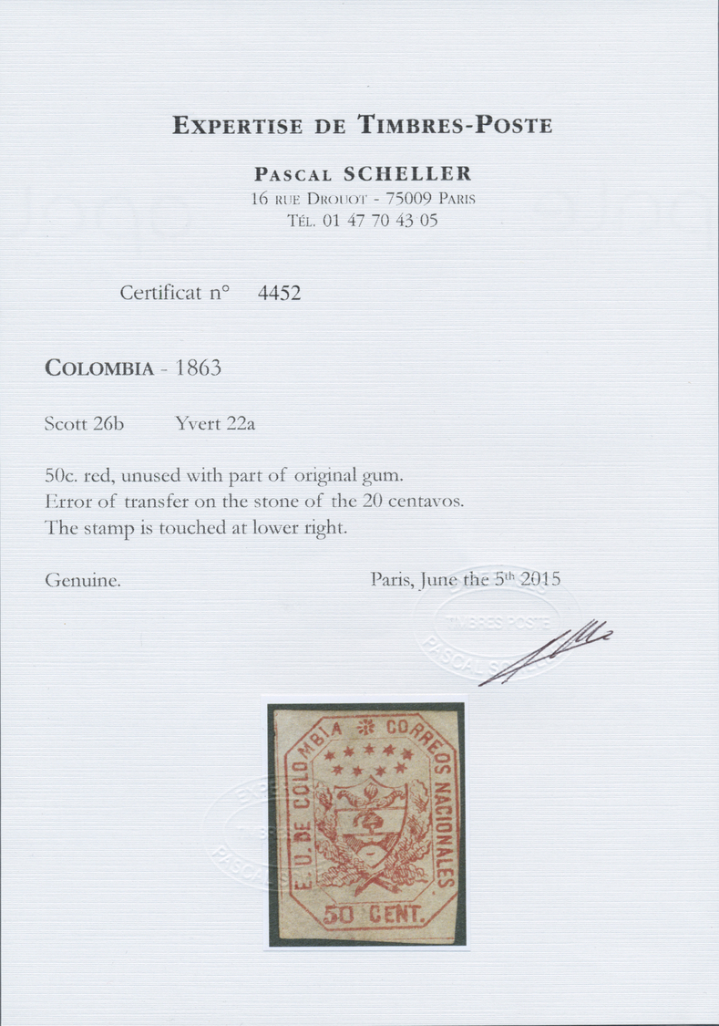 * Kolumbien: 1863, 50 C. Red (colour Of 20 C.) Instead Of 50 C. Green, Error Of Colour, Good To Wide Margins Except At R - Colombia