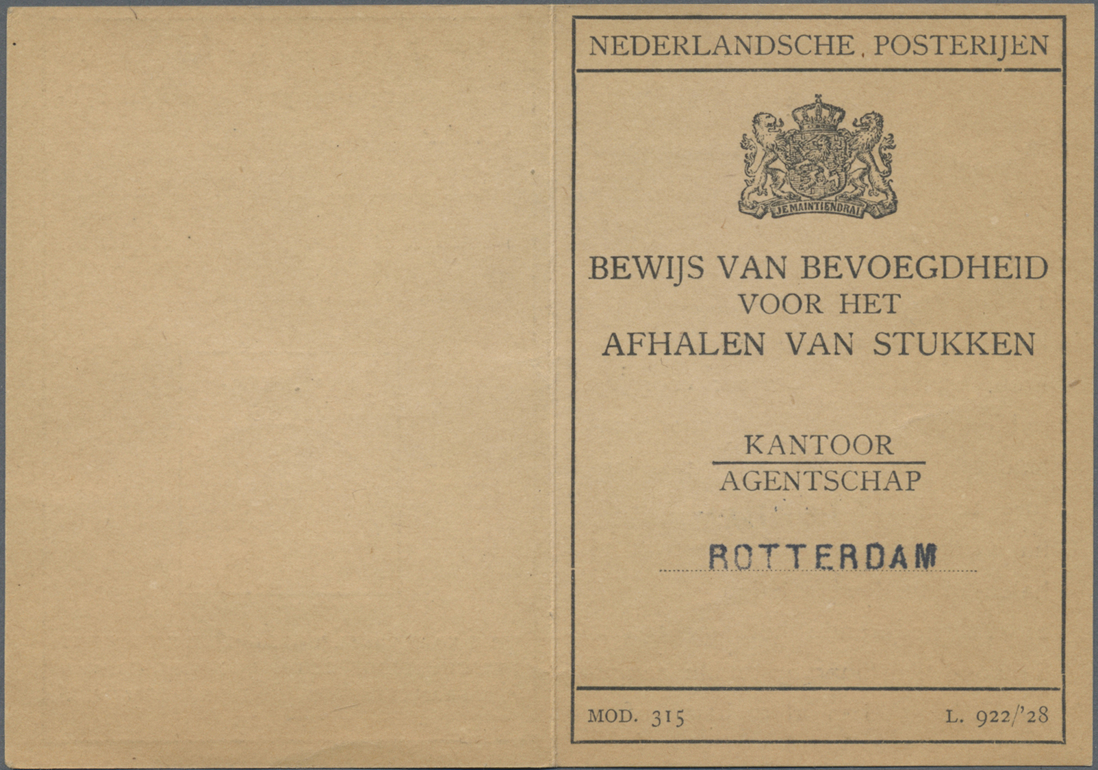 Br Niederlande: 1930,5 G. Wilhelmina From 1926 Issue On ID Card For Picking Up Postal Items From P.O. Box At The - Lettres & Documents