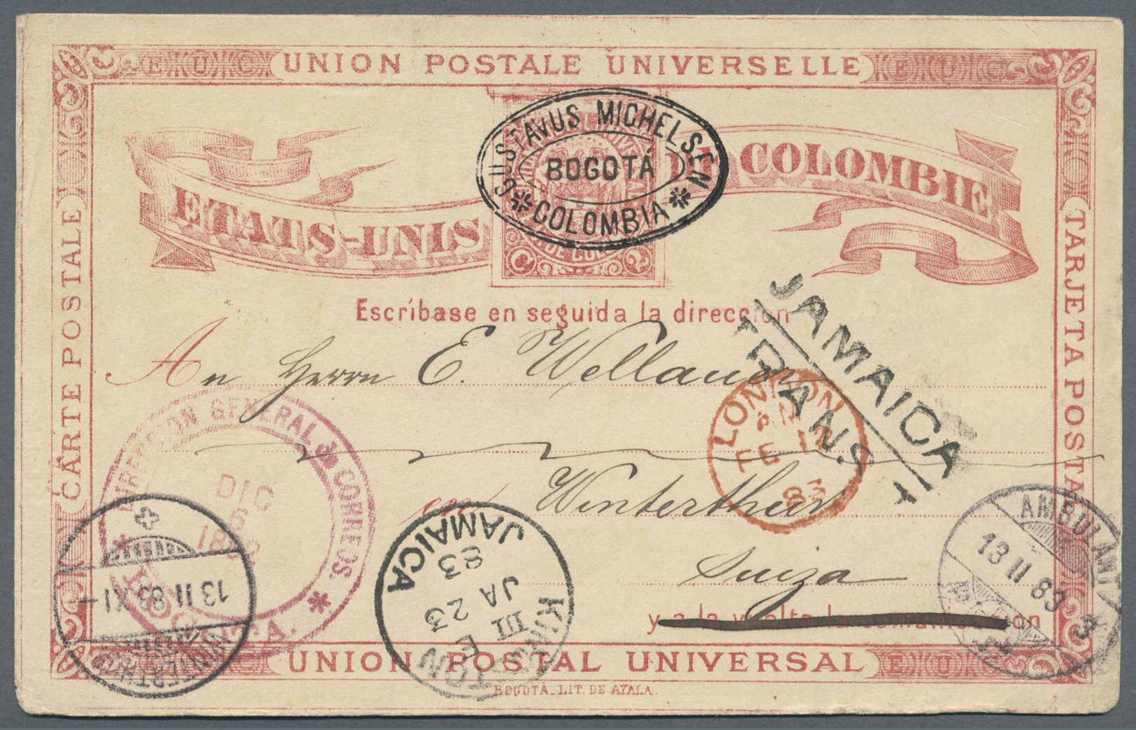 GA Kolumbien: 1883. Postal Stationery Card 2c Rose Cancelled By 'Direction General De Correos/Bogata' Double Ring '6/12' - Colombia