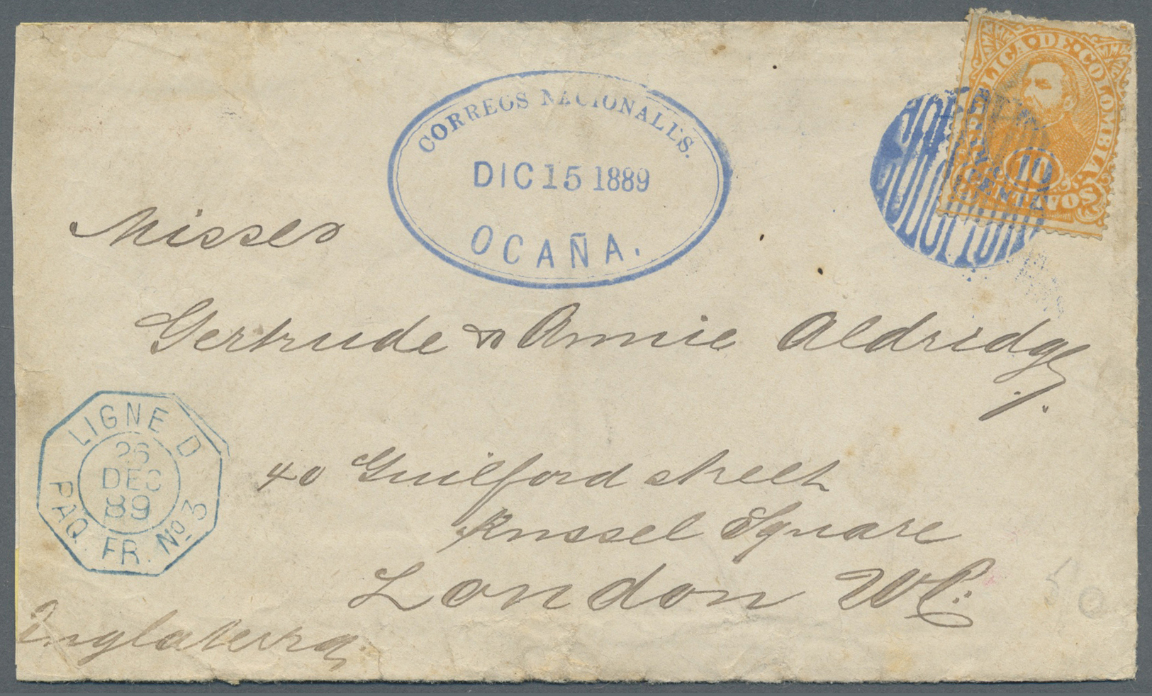 Br Kolumbien: 1889. Envelope (faults) Addressed To London Bearing Yvert 87, 10c Orange Tied By Bar Obliterator In Blue W - Colombia