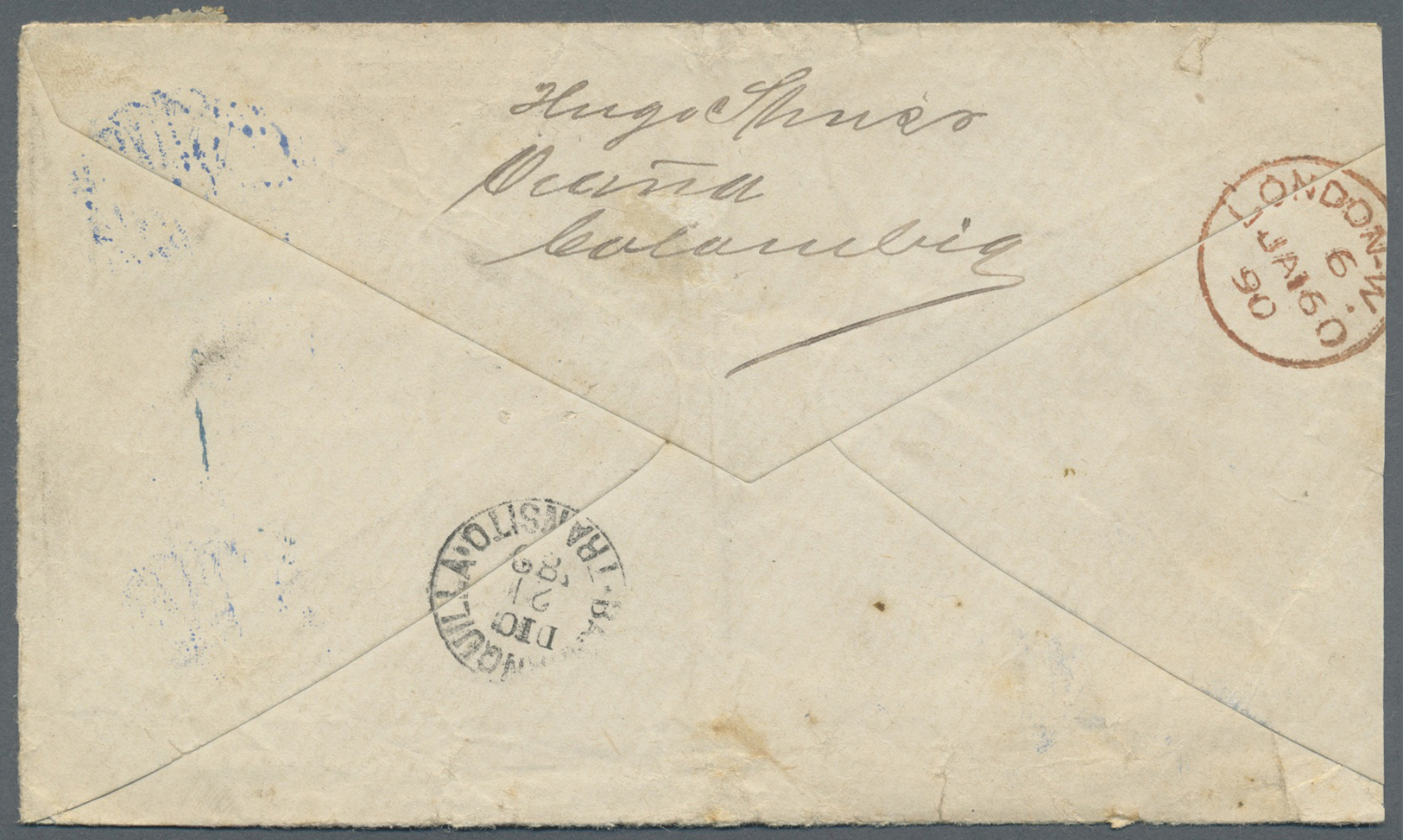 Br Kolumbien: 1889. Envelope (faults) Addressed To London Bearing Yvert 87, 10c Orange Tied By Bar Obliterator In Blue W - Colombie