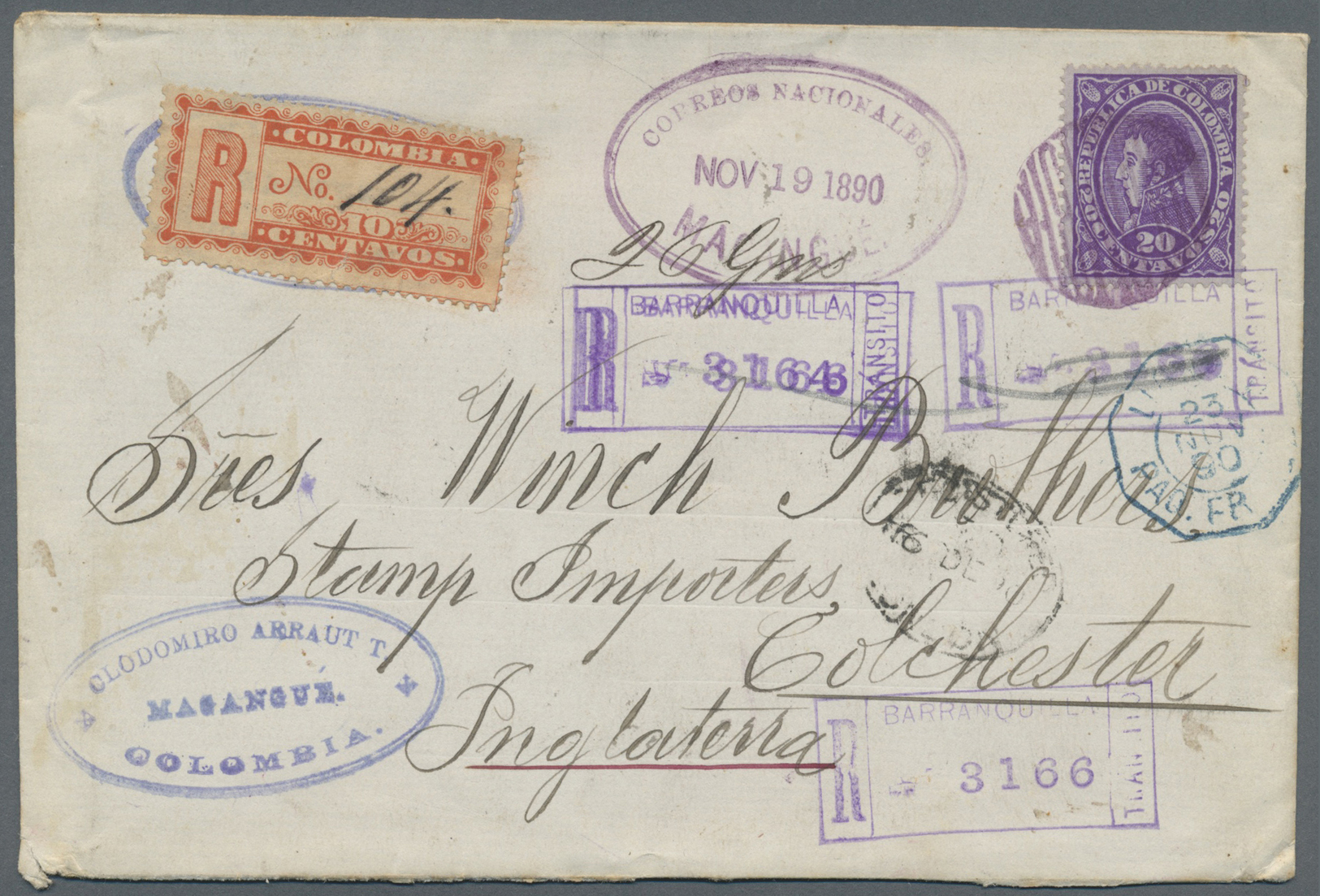 Br Kolumbien: 1890. Registered Envelope Addressed To England Bearing Yvert 88, 20c Violet Tied By Bar Obliterator With A - Colombia