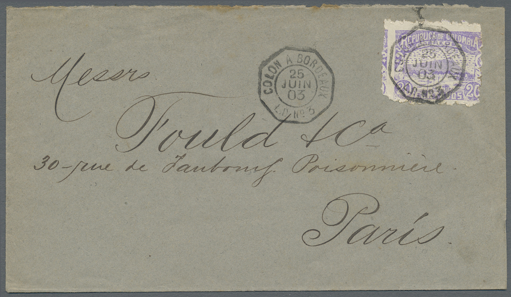 Br Kolumbien: 1903. Envelope To Paris Bearing Yvert 143, 20c Violet Tied By Octagonal French Paquebot 'Colon A Bourdeaux - Colombia