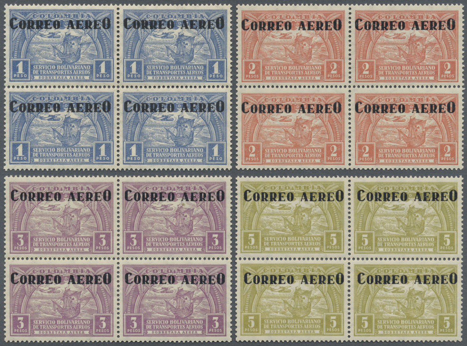 ** Kolumbien: 1932, SCADTA Airmail Issue With Overprints 'CORREO AEREO' Complete Set In Blocks/4 Incl. Registration Stam - Colombia