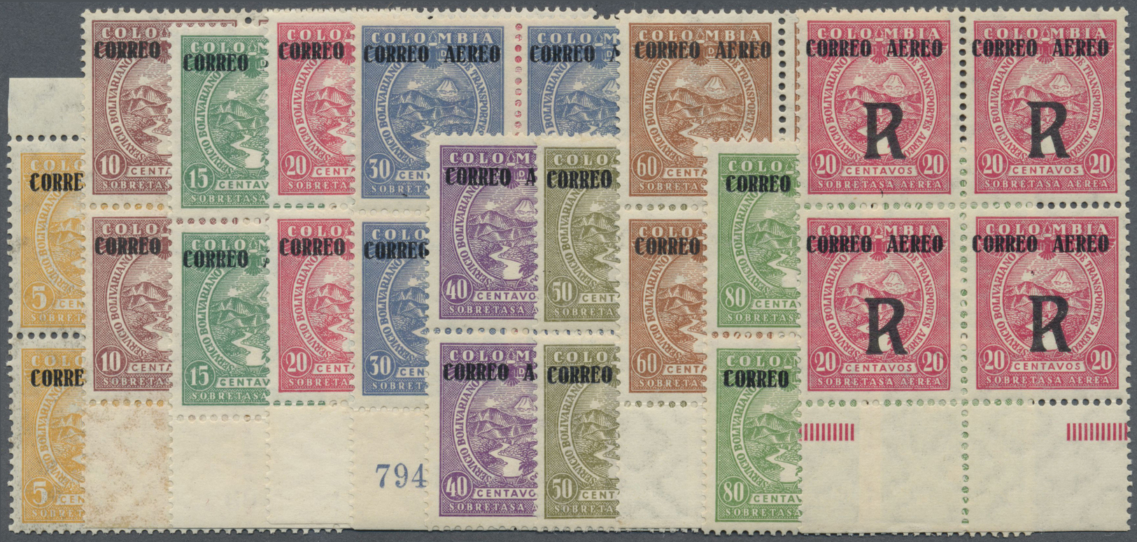 ** Kolumbien: 1932, SCADTA Airmail Issue With Overprints 'CORREO AEREO' Complete Set In Blocks/4 Incl. Registration Stam - Colombia