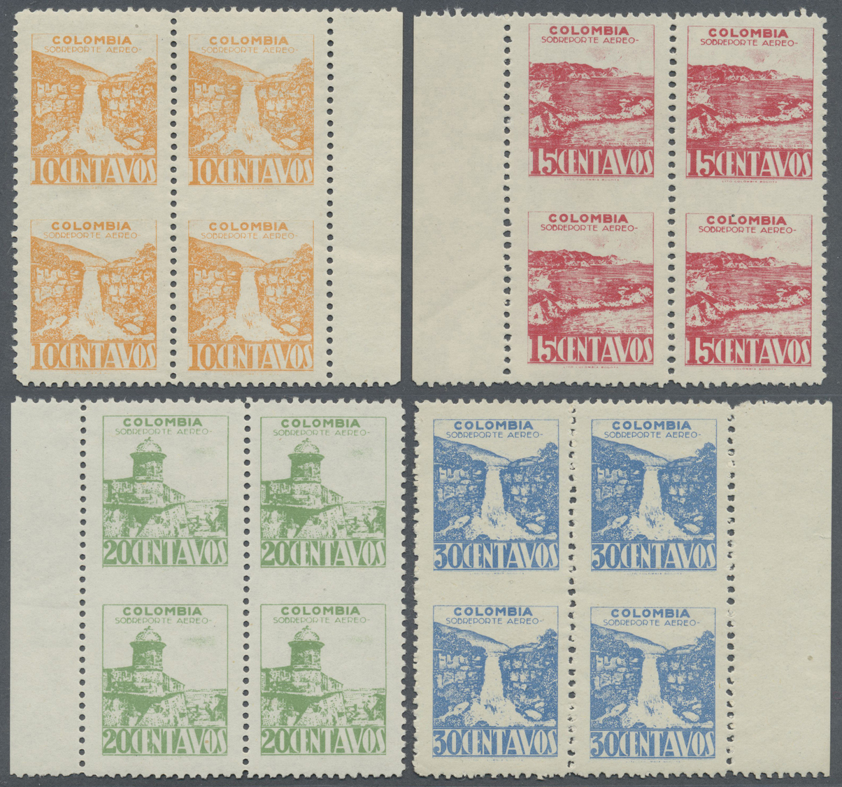 ** Kolumbien: 1943, Country Scenes Aimail Issue Four Different Values 10c. Orange To 30c. Blue In Marginal Blocks/4 Hori - Colombia