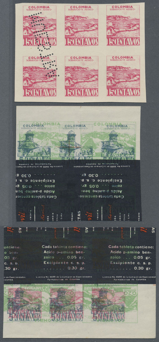 (*) Kolumbien: 1945, First US Airmail Flight Complete Set Of Three Values In IMPERFORATE Blocks/4 With Additional Other  - Colombia